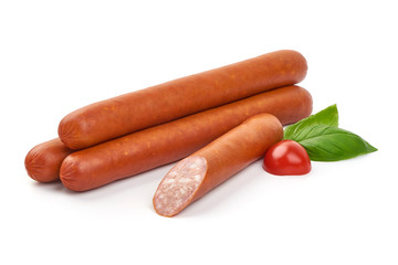 Smoked pork sausages, grill sausages, close-up, isolated on white background
