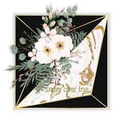 Invitation card with bouquet watercolor flowers on marble background. Vector Watercolour.