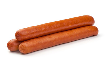 Smoked pork sausages, grill sausages, close-up, isolated on white background