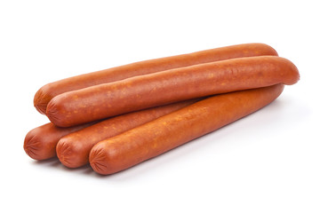 Smoked Hunting Sausages, grill sausages, close-up, isolated on white background