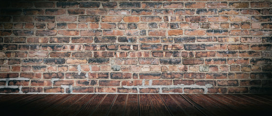 Fototapety  Vintage brick wall and wood floor, empty room. Panoramic background texture, copy space