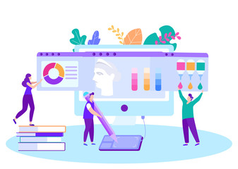 Man Draws on Graphic Tablet Learning Color. Vector