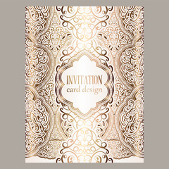 Wedding invitation card with gold shiny eastern and baroque rich foliage. Ornate islamic background for your design. Islam, Arabic, Indian, Dubai.