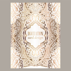 Wedding invitation card with gold shiny eastern and baroque rich foliage. Ornate islamic background for your design. Islam, Arabic, Indian, Dubai.