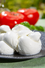Twisted to form a plait treccia mozzarella Italian soft cheese served with fresh basil and tomatoes