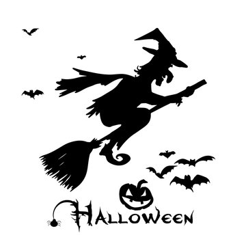 The silhouette of a witch flying on a broom. Happy Halloween. Vector illustration