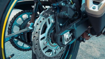 Sports brake systems of sports motorcycles. Illustration for the cover of a motorcycle magazine.