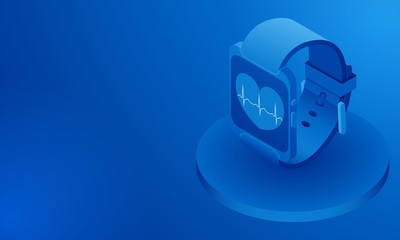 Isometric view smart watch. Blue background. Free space for information or text.