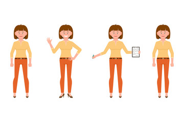 Happy, pretty, funny, friendly brown hair office worker woman in orange pants vector illustration. Front view standing, waving hello, writing notes girl cartoon character set on white background