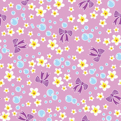 raster illustration. nursery themed. bubbles, bows and plumeria flowers on lavender color background seamless repeat pattern. best for nursery textiles, apparels and decoration.