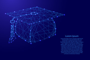 Graduation cap from futuristic polygonal blue lines and glowing stars for banner, poster, greeting card. Vector illustration.
