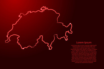 Switzerland map from the contour red brush lines different thickness and glowing stars on dark background. Vector illustration.