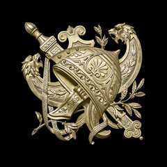 Golden decorative element of the interior with the image of the helmet from the ancient Greek myth....