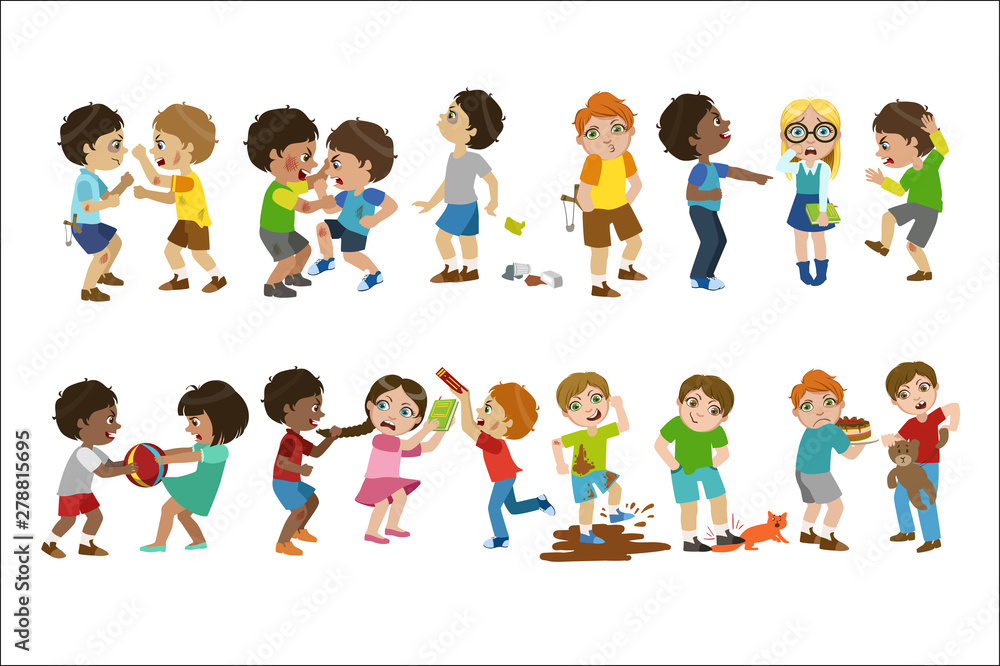 Wall mural kids bullies childish cartoon style cute vector illustration on white background.