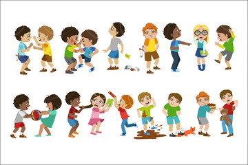 Kids Bullies Childish Cartoon Style Cute Vector Illustration On White Background.