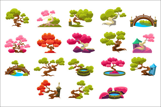 Japanese Style Trees Set Of Isolated Bright Color Simplified Traditional Style Vector Images On Dark Background.