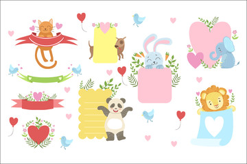 Message Template Set With Cute Animals Detailed Cute Vector Design Cards On White Background.