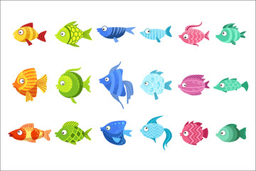 Naklejka premium Colorful Fish Set Of Cute Bright Color Childish Design Vector Illustrations Isolated On White Background.