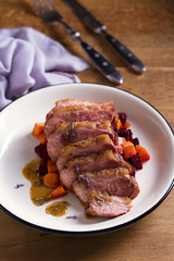 Duck breast with lavender, beetroot, sweet potato and maple syrup
