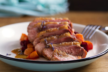 Duck breast with lavender, beetroot, sweet potato and maple syrup
