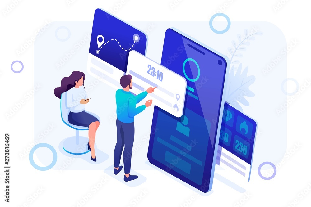 Wall mural isometric concept young people are working with a fitness bracelet management app. header concept. c