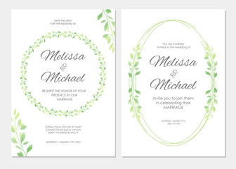 Wedding invitation with green leaves border. Floral invite modern card template set. Vector illustration.