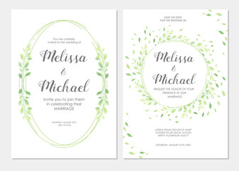 Wedding invitation with green leaves border. Floral invite modern card template set. Vector illustration.