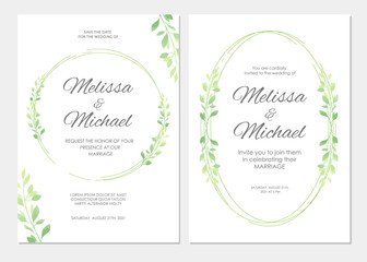 Wedding invitation with green leaves border. Floral invite modern card template set. Vector illustration.