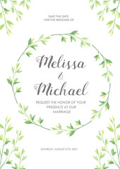 Wedding invitation with green leaves border. Floral invite card template. Vector illustration.