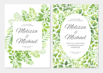 Wedding invitation with green leaves border. Floral invite card template set. Vector illustration.