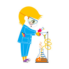 Young chemist flat vector illustration. Talented creative kid making laboratory experiments isolated cartoon character on white background. Schoolboy holding flasks with chemicals drawing