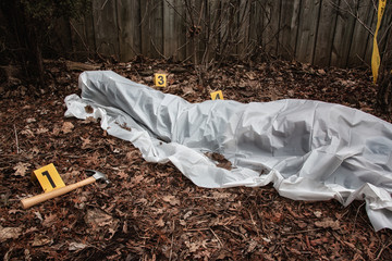Victim of a violent crime under a sheet in a rural yard. With evidence markers and a hammer.