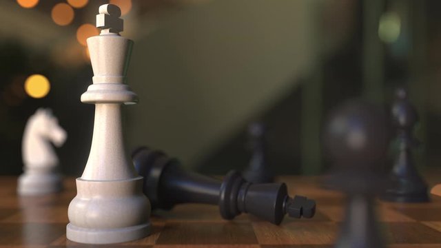 Checkmate or mate in chess game. Chessboard close-up, 3D animation