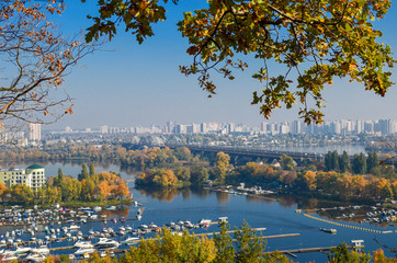 Panoramic view of district Podil and the Dnipro river in Kyiv at autumn