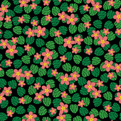 raster illustration. tea pink plumeria flowers on jungle of monstera leaves seamless repeat pattern.
