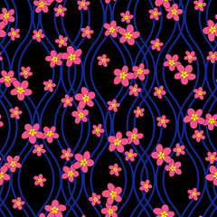 vector illustration. plumeria flowers on dark blue wavy mesh with black background.