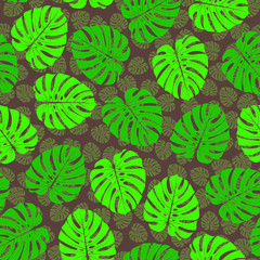 Fototapeta na wymiar vector illustration. tropical split leaves on brown background with silhouette of tiny leaves. seamless repeat pattern.