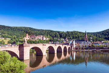 Fototapeta na wymiar The river Neckar with the old bridge and the beautiful city of Heidelberg_Baden Wuerttemberg, Germany