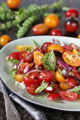 cherry tomato salad with basil and red onion, large sea salt and olive oil