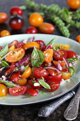 cherry tomato salad with basil and red onion, large sea salt and olive oil