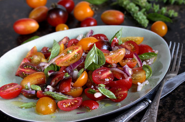 cherry tomato salad with basil and red onion, large sea salt and olive oil