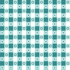 Blue gingham seamless pattern with flowers