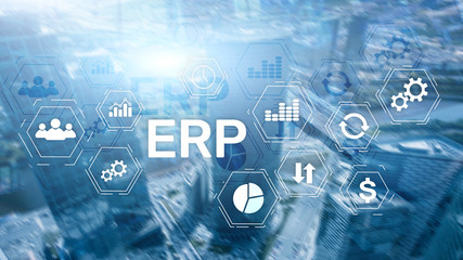 Obraz premium ERP system, Enterprise resource planning on blurred background. Business automation and innovation concept