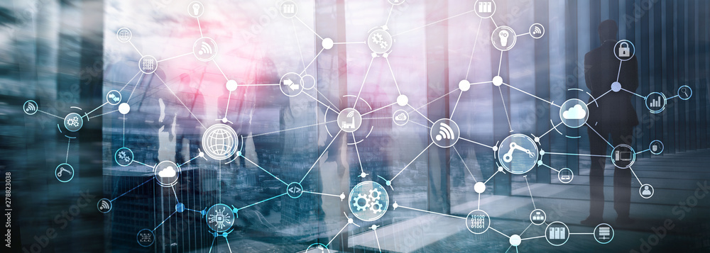 Poster technology industrial business process workflow organisation structure on virtual screen. iot smart 
