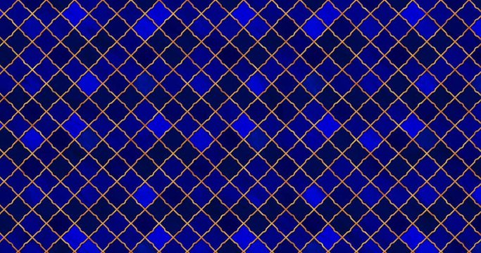 Dark blue moving background in moroccan traditional style. Oriental seamless looping animation with marble abstract texture. Spanish interior. Ramadan kareem. Muslim holiday. Ceramic ornamental tiles