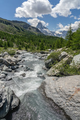 landscape in the Zermatt area with Findel Creek in the foreground and famous mount Matterhorn in the background, Canton Valais,Wallis,Switzerland