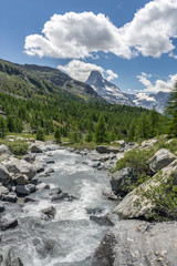 landscape in the Zermatt area with Findel Creek in the foreground and famous mount Matterhorn in the background, Canton Valais,Wallis,Switzerland