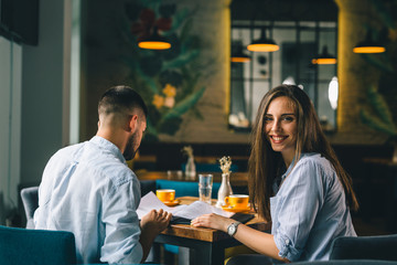 having a great time together in cafeteria