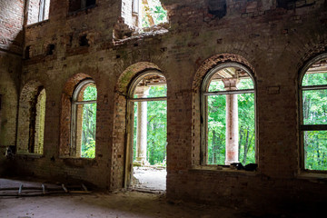The abandoned Yaroshenko Palace of the late 19th century in the estate Stepanovskoe-Pavlishchevo, from the inside. Sanatorium Pavlishchev-Bor, Yuhnovskiy district, Kaluzhskiy region, Russia - July 201