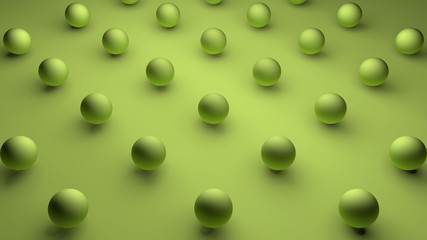 3D rendering of a set of green spherical objects with a wavy surface on a green matte background. Image for the desktop background. Abstract, 3D illustration of futuristic design.